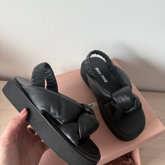 NWT Miu Miu Slingback Platform Sandals Black Padded Leather Knot Detail Sz 35 - Picture 5 of 10